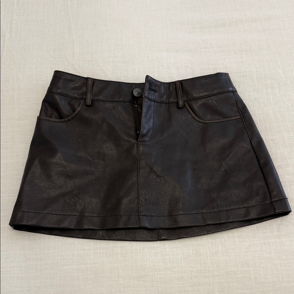 Garage Dark Brown Leather Mini Skirt